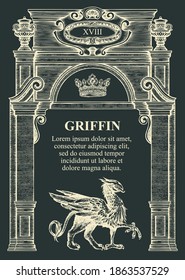 Vintage background or frame for certificate or diploma in the form of a classic building facade. Vector illustration with a hand-drawn ancient architectural structure and griffin on the black backdrop