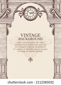 Vintage background or frame for certificate or diploma in the form of a building facade. Vector illustration with a hand-drawn medieval arch, round street clock and place for text on a beige backdrop