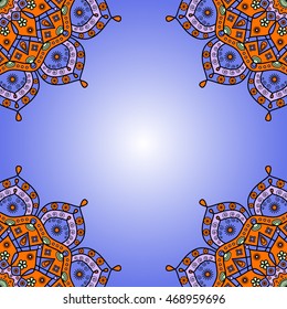 Vintage background frame in cerulean blue, tangerine orange, turquoise green & lavender violet. Background for greeting cards & wedding invitations with Oriental/Indian/Arabic motifs.