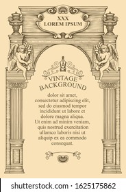 Vintage background or frame for a diploma or certificate in the form of the facade of an old building with angels. Hand drawn vector illustration with an architectural construction and place for text