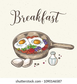 Vintage background with fried eggs, bacon and tomatoes. Hand drawn vector illustration.