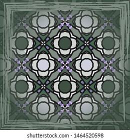 Vintage background with geometric  elements. Retro  wallpaper pattern in green. Scarf. Frame.