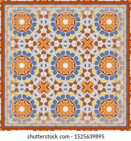Vintage background with geometric  elements. Retro mandala seamless wallpaper pattern in gray, orange and blue. Scarf design. 