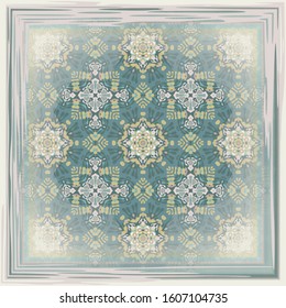 Vintage background with geometric  elements. Retro wallpaper pattern in green and yellow.  Scarf design.