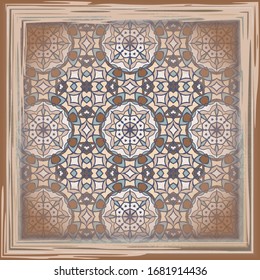 Vintage background with geometric  elements. Retro colorful  mandala pattern, fabric texture. Scarf design. Frame.