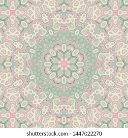 Vintage  background with geometric and floral elements. Vector seamless mandala pattern in pink and green.