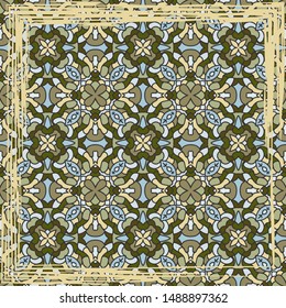 Vintage background with geometric and floral elements in gold and blue. Retro seamless wallpaper pattern 