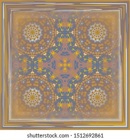 Vintage background with geometric and floral elements. Retro mandala pattern. Scarf design. Frame. 