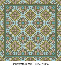 Vintage background with geometric and floral elements. Retro seamless wallpaper pattern in gold and blue and square frame.