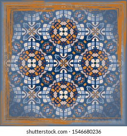 Vintage background with geometric and floral elements. Retro wallpaper pattern in blue and orange. Scarf design.