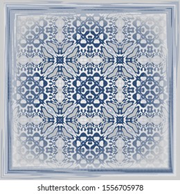 Vintage background with geometric and floral elements. Retro  wallpaper pattern in blue. Scarf design.