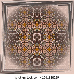 Vintage background with geometric and floral elements. Retro wallpaper pattern in brown and orange. Scarf design.
