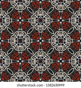Vintage background with geometric and floral elements. Retro seamless wallpaper pattern in red and black.