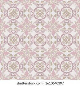 Vintage background with geometric and floral elements. Retro seamless wallpaper pattern in pink and white.