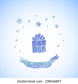 Vintage background with gift box and stars. Watercolor paint. Holiday theme. Can be used for card, invitation or some text.