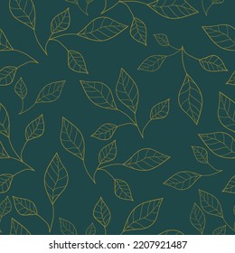 Vintage Background With Gold Leaf Outline. Dark Green Background. Seamless Pattern For Design And Fashion Prints.Stock Vector Illustration.