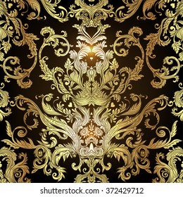 Vintage background golden baroque seamless pattern. Wallpaper baroque pattern, for textile design. Elegant linear style floral ornament in gold an black colors.
