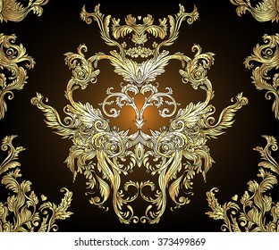 Vintage background golden baroque seamless pattern. Wallpaper baroque pattern, for textile design. Elegant linear style floral ornament in gold an black colors. 