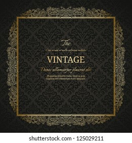 Vintage background with golden frame and damask pattern