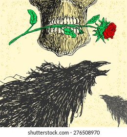 Vintage background gothic skull and crow