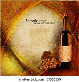 Vintage background with grape and bottle of wine, vector