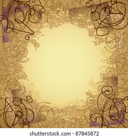 Vintage background with hand drawn ink strokes and pixel elements, vector background with copy space in the centre of image.