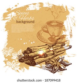 Vintage background with hand drawn sketch herbs and spices. Menu design