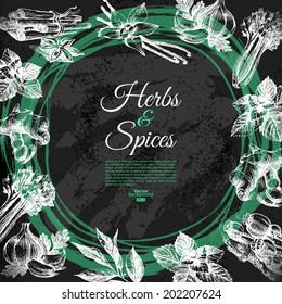 Vintage background with hand drawn sketch herbs and spices. Vector illustration. Chalkboard menu design