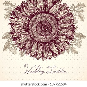 Vintage background with hand drawn sunflower. Wedding invitation