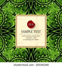 Vintage background. Hand watercolour texture. Wedding invitation. Oriental pattern. Bright design element. Red label on old textured paper. Waterclour painting. Abstract frame for wedding card, invite