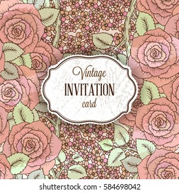 Vintage background with hand-drawn lovely roses and leaves, decorated by cute little flowers. Greeting card with place for text on old paper texture, soft pastel tones, scrap booking template.