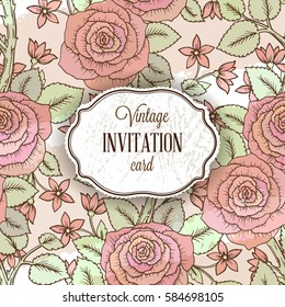 Vintage background with hand-drawn lovely roses and leaves, decorated by cute little flowers. Greeting card with place for text on old paper texture, soft pastel tones, scrap booking template.