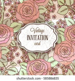 Vintage background with hand-drawn lovely roses and leaves, decorated by cute little flowers. Greeting card with place for text on old paper texture, soft pastel tones, scrap booking template.