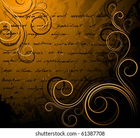 Vintage background with handwritten text and scrolls