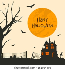 Vintage background for Happy Halloween party with haunted house, dead tree and flying bats. 