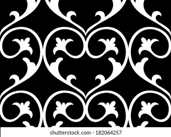 Vintage background, heart ornament, beautiful seamless pattern, vector wallpaper, floral fashion fabric, wrapping paper with leaf elements, black and white swatch fabric, artistic decoration, design