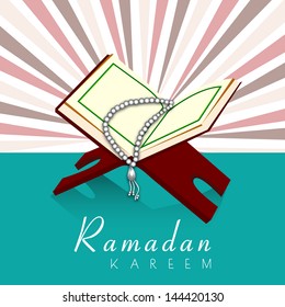 Vintage background of holy month of muslim community Ramadan Kareem with open Islamic religious holy book Quran Shareef.