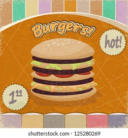 Vintage background with the image of  big hamburger.
