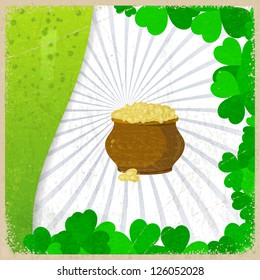 Vintage background with the image leaf clovers and pots of gold coins - a symbol of St. Patrick's Day.