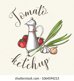 Vintage background with a jug of tomato ketchup and fresh vegetables. Hand drawn vector illustration.