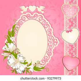 Vintage background with lace ornaments and flowers. Vector