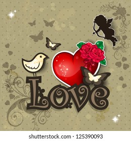 Vintage background with love written with heart and bird decorations- transparency blending effects and gradient mesh-EPS 10