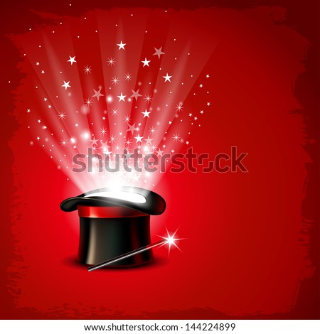 Vintage background with magician hat, wand and magical glow