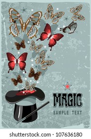 Vintage background with magician's hat, wand and butterflies