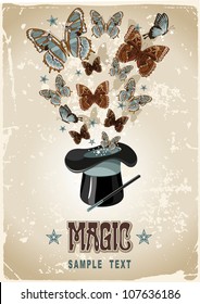 Vintage background with magician's hat, wand and butterflies