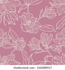 Vintage background with magnolia flowers. Floral wreath. Seamless flowers pattern for cosmetics packaging