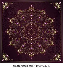 Vintage background mandala business card invitation with golden lace ornaments and art deco floral decorative elements