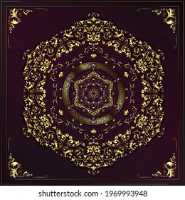 Vintage background mandala business card invitation with golden lace ornaments and art deco floral decorative elements