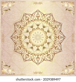 Vintage background mandala business card invitation with golden lace ornaments and art deco floral decorative elements
