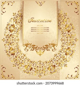 Vintage background mandala business card invitation with golden lace ornaments and art deco floral decorative elements
